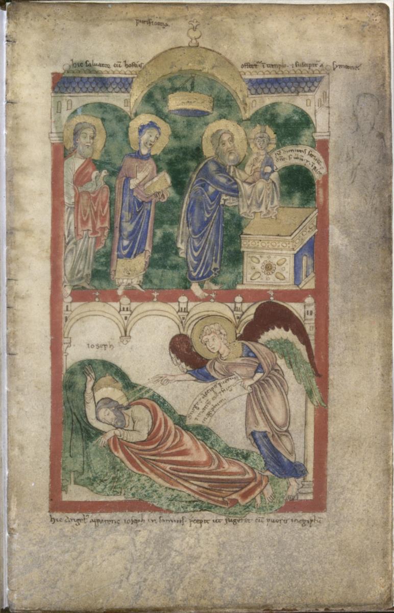Fragment eines Psalteriums, Bl. 7 recto - Darstellung Christi im Tempel, der Engel erscheint Joseph im Traum