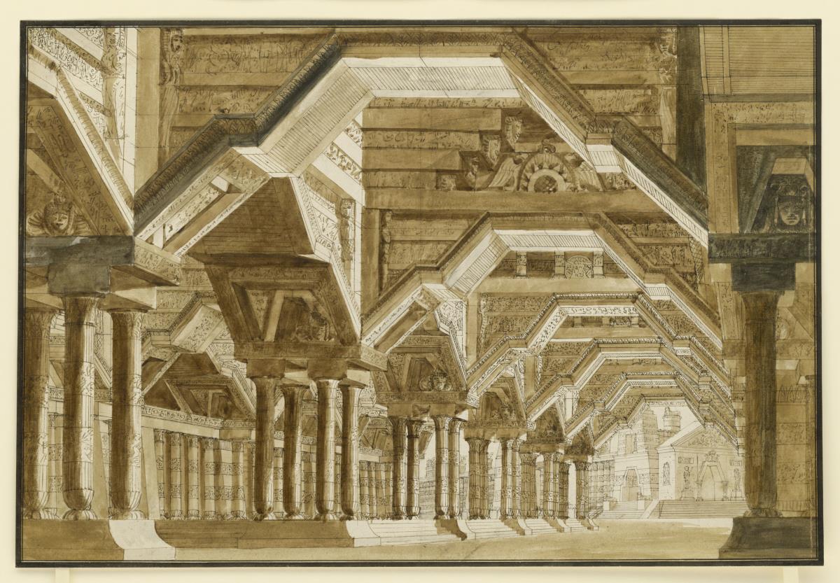 Bühnenbildentwurf: Orientalische Halle mit hoher Decke