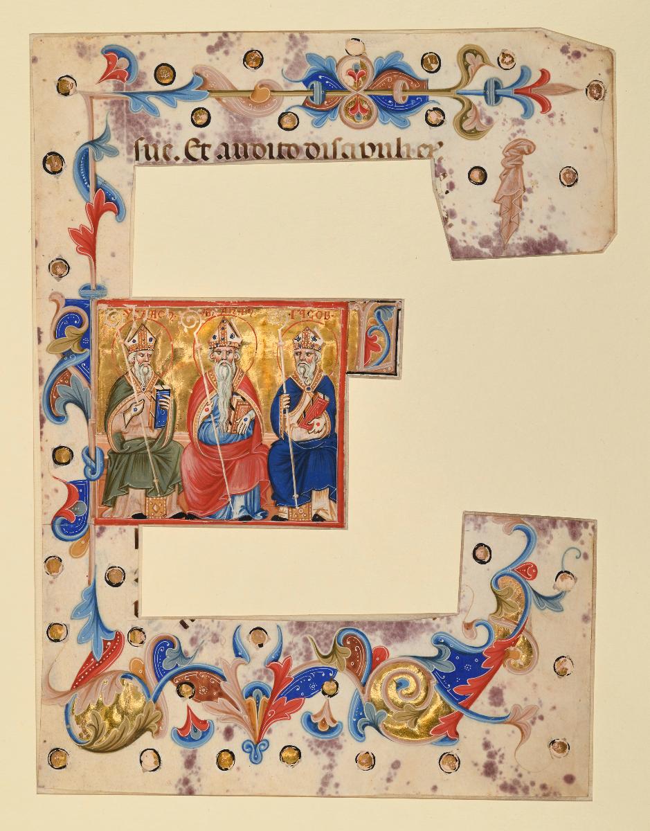 Abraham, Isaak, Jakob, die drei Erzväter, in Bischofstracht auf einem Thronsessel nebeneinander.