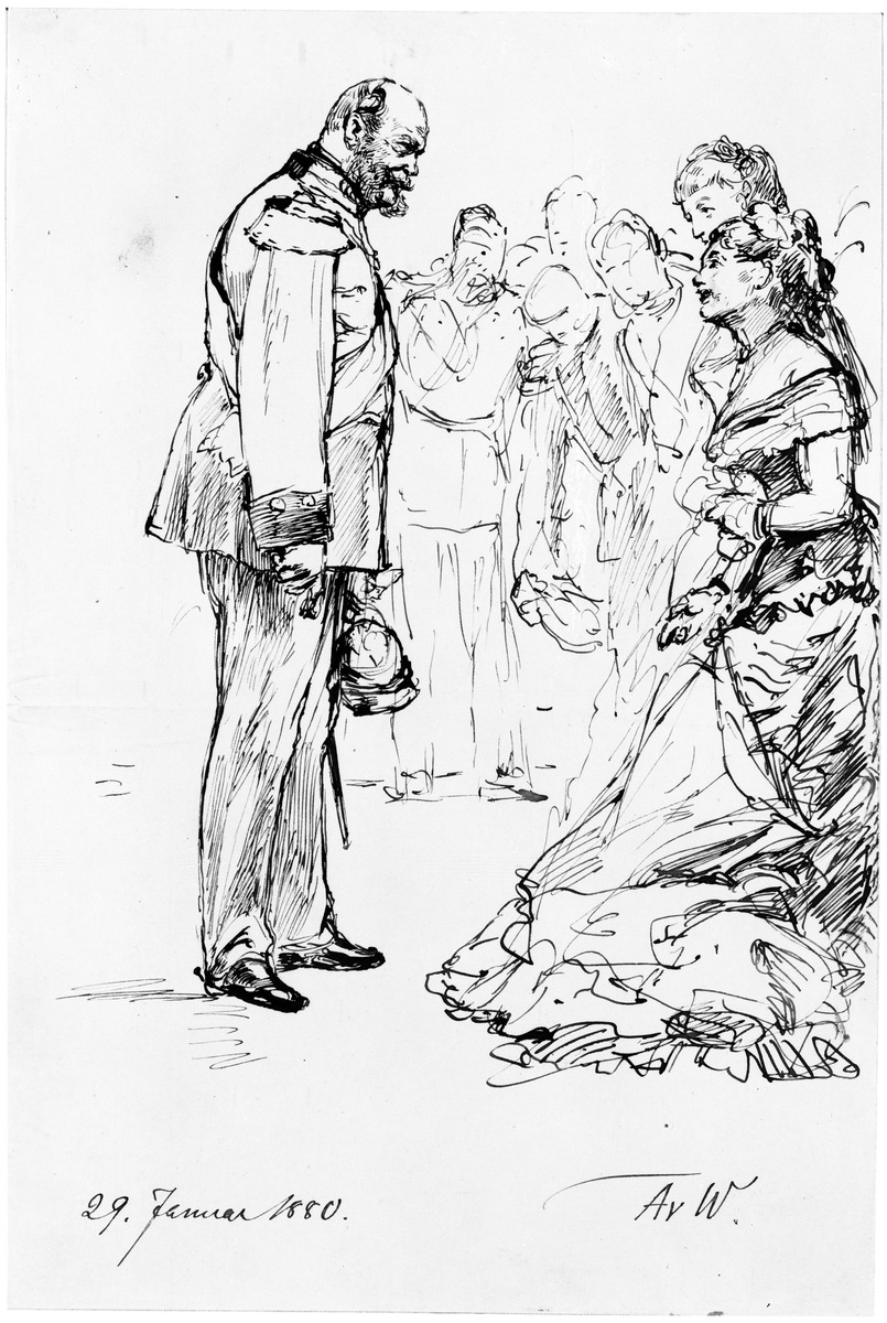 Kaiser Wilhelm I. im Gespräch mit zwei Damen auf dem Hofball am 29. Januar 1880