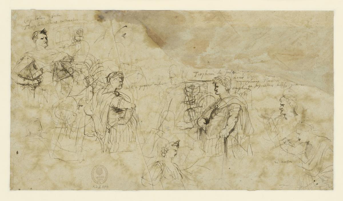 Studienblatt mit Bildnissen römischer Kaiser und Figuren der Antike (Nero, Titus, Caligula)