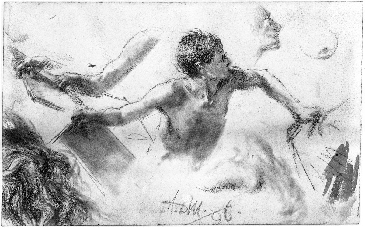 Männlicher Oberkörper mit ausgebreiteten Arme, die Rechte eine Tafel fassend, Haarstudie. Modellstudie zum "Akademieblatt" 1896