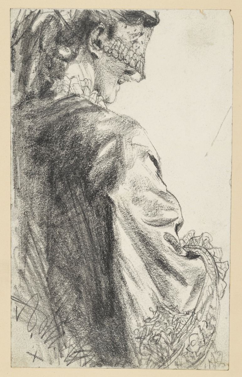 Halbfigur einer Dame mit Schleier und Mantille, halb vom Rücken gesehen