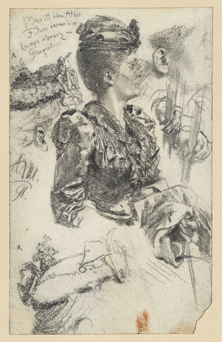 Brustbild einer Dame mit Barett nach rechts, diverse Details (teils verworfen)