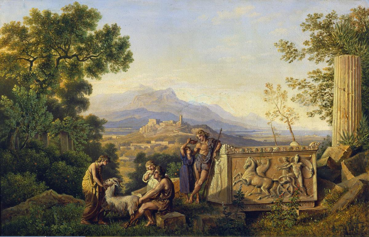 Griechische Ideallandschaft mit rastenden Hirten