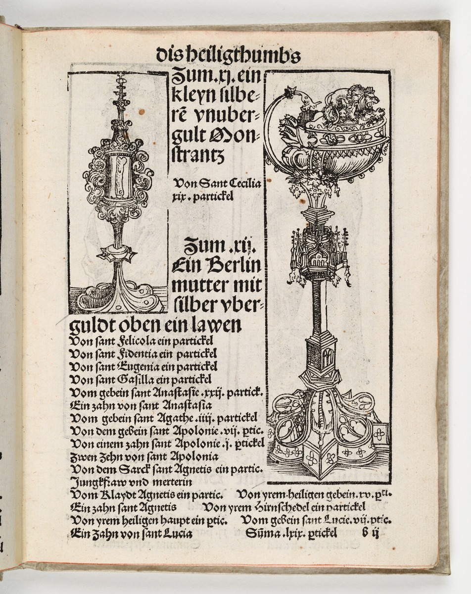 Wittenberger Heiltumsbuch: Monstranz der Heiligen Cäcilia und Perlmuttschale mit Löwendeckel