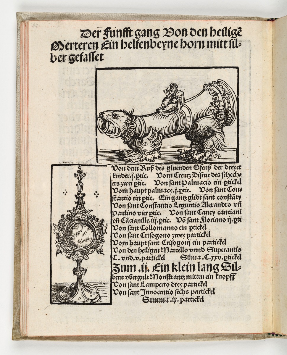 Wittenberger Heiltumsbuch: Trinkhorn aus Elfenbein und Monstranz