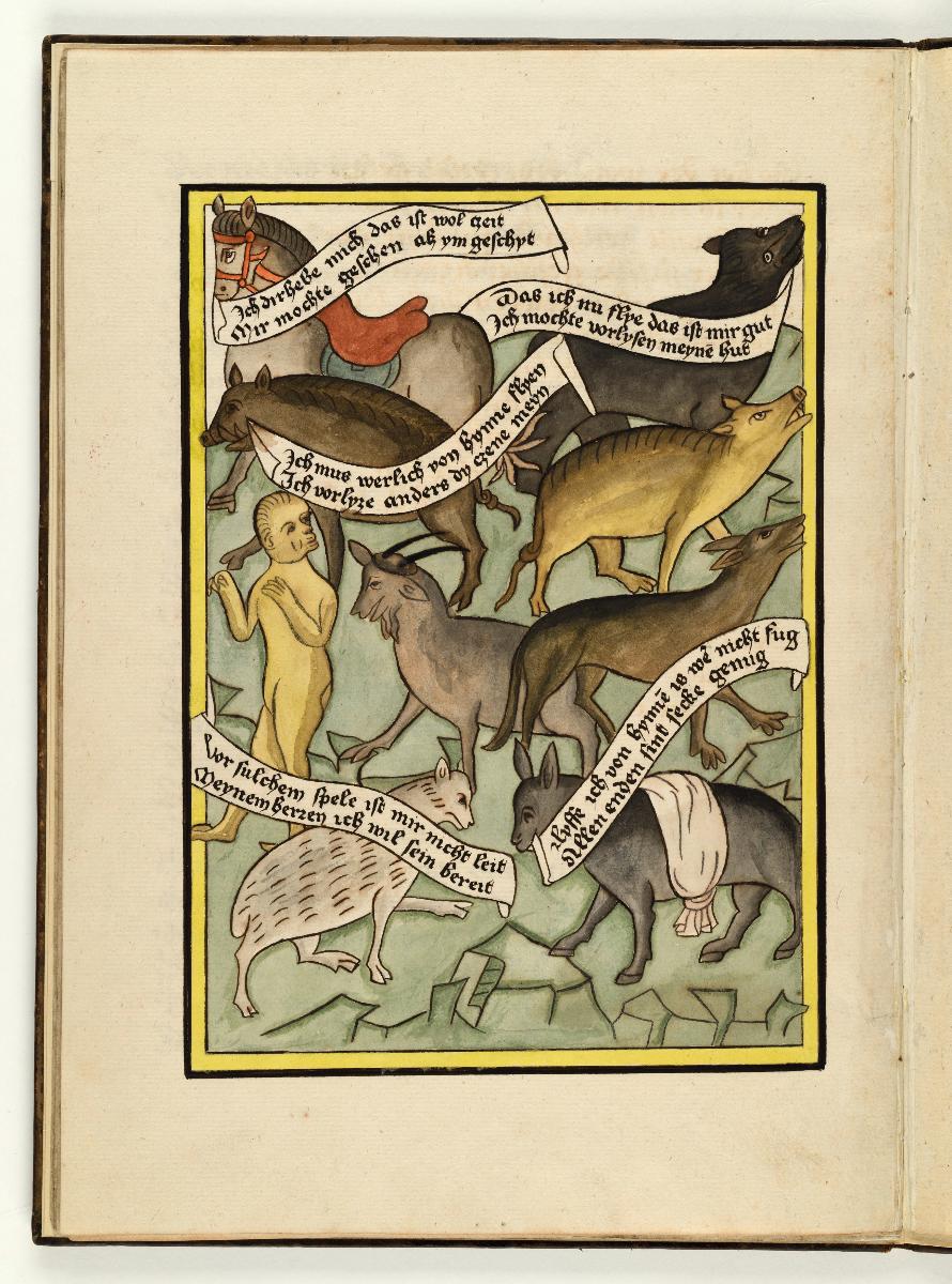 Fabel vom kranken Löwen. Die Tiere beschließen im Rat, vor dem Zorn des Löwen zu fliehen (mit Ausnahme der Schafe und Esel)
