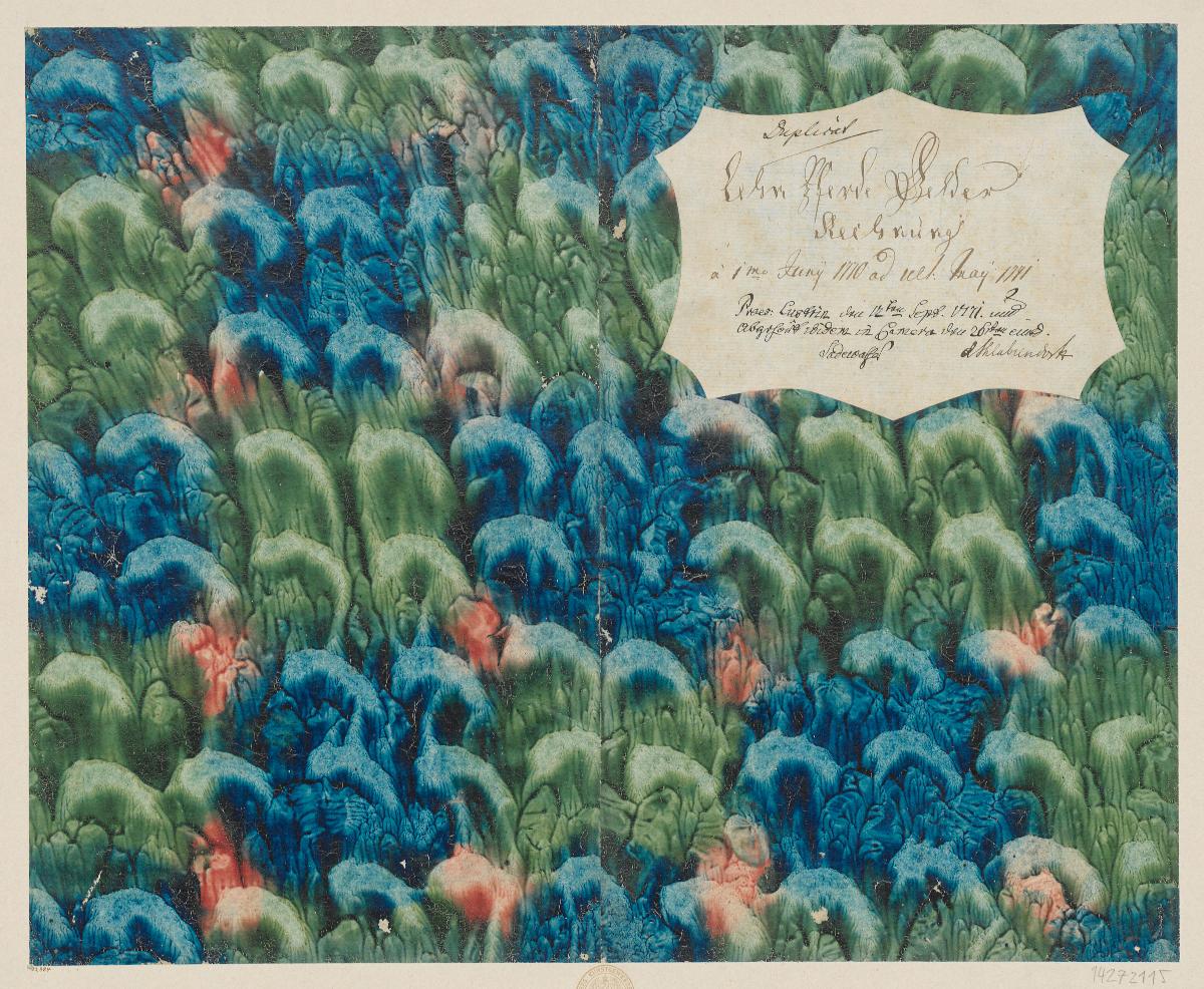 Mehrfarbig geädertes Kleisterpapier mit Dekor (Einband für eine Akte mit Etikett, 1770/1771)