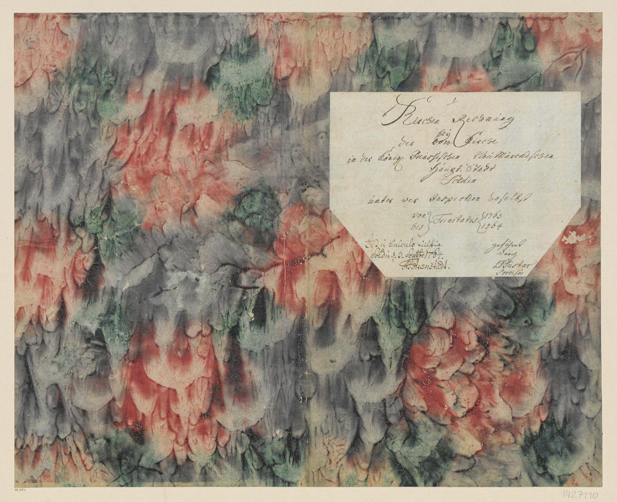 Mehrfarbig geädertes Kleisterpapier (Einband für eine Akte mit Etikett, 1763/1764)