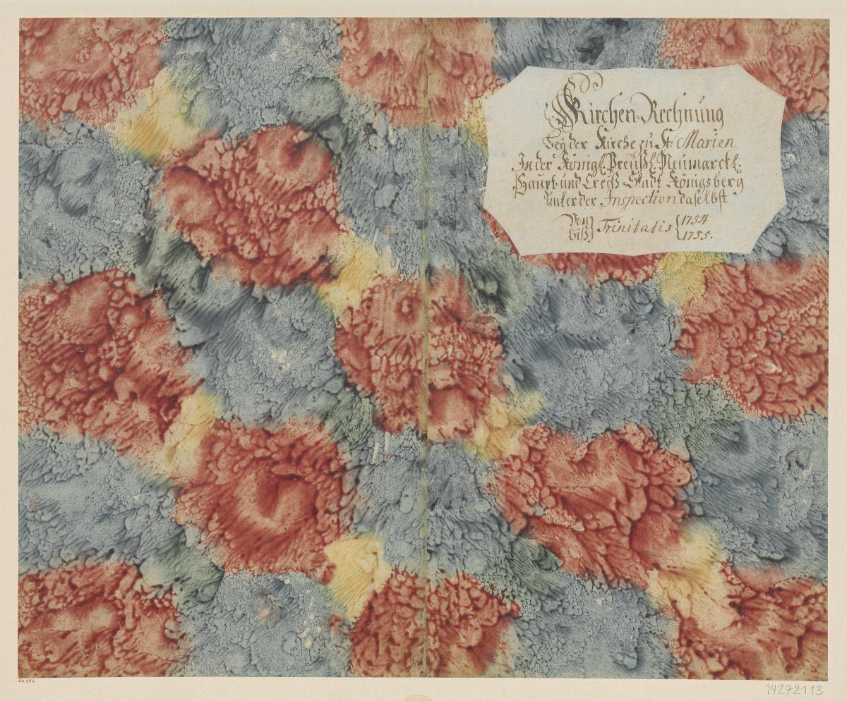 Mehrfarbig geädertes Kleisterpapier (Einband für eine Akte mit Etikett, 1754/1755)