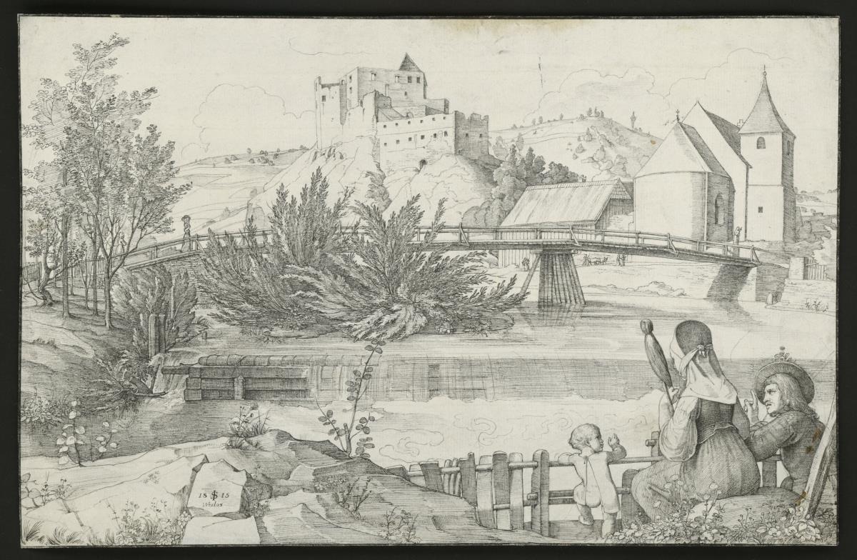 Flusslandschaft mit Holzbrücke und Wehr, rechts im Vordergrund eine Familie