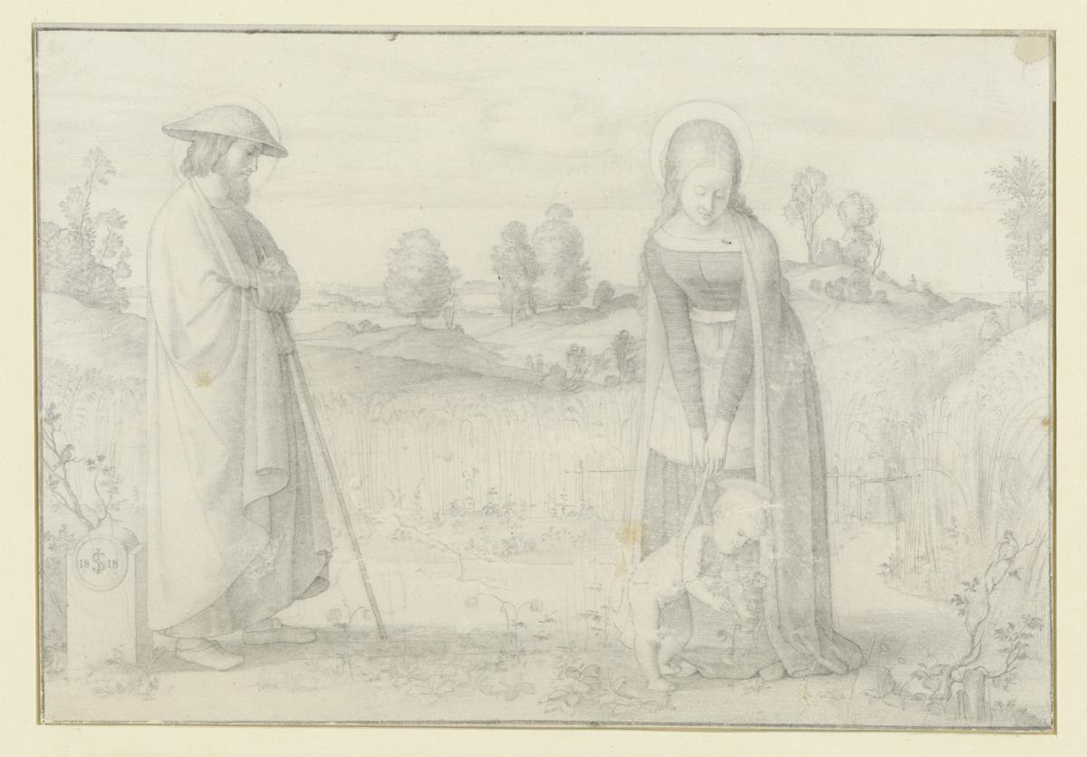 Joseph und Maria mit dem Blumen pflückenden Jesuskind