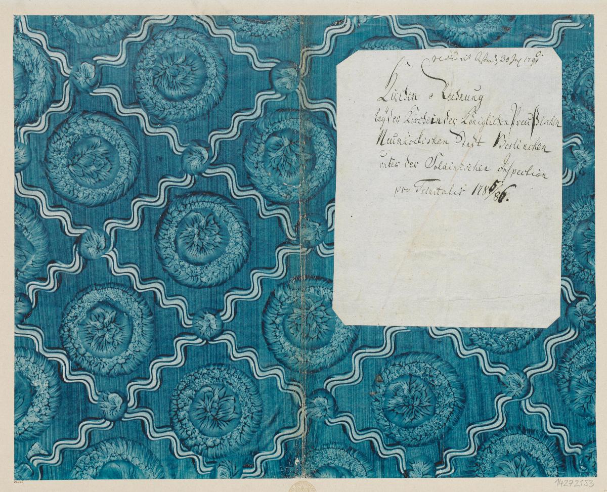 Kleisterpapier mit Verdrängungsdekor (Einband für eine Akte mit Etikett, 1783/1784)