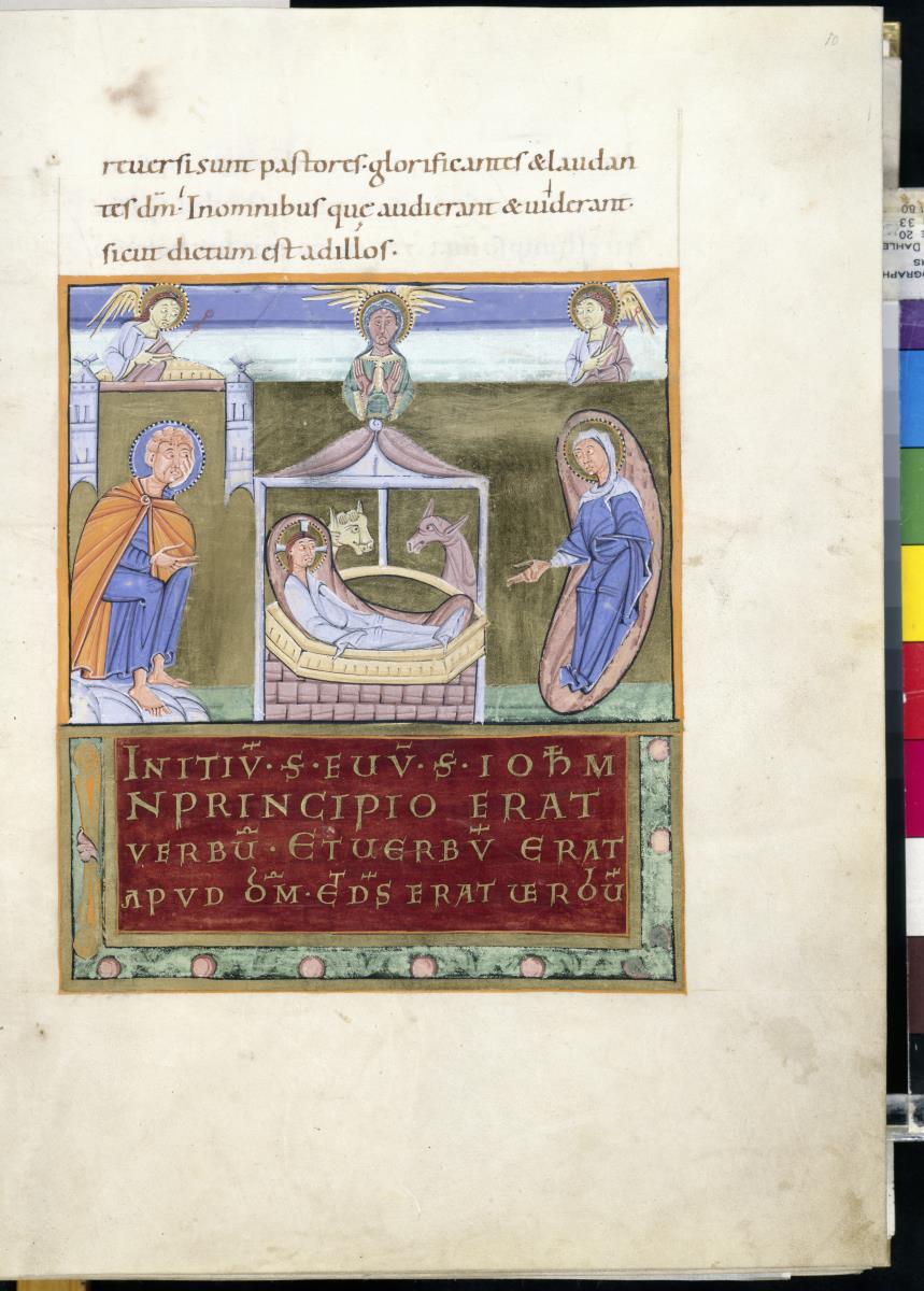 Evangelistar Heinrichs IV. (?), Geburt Christi, links außen sitzt Joseph, rechts ruht Maria auf ihrem Lager, oben drei Engel