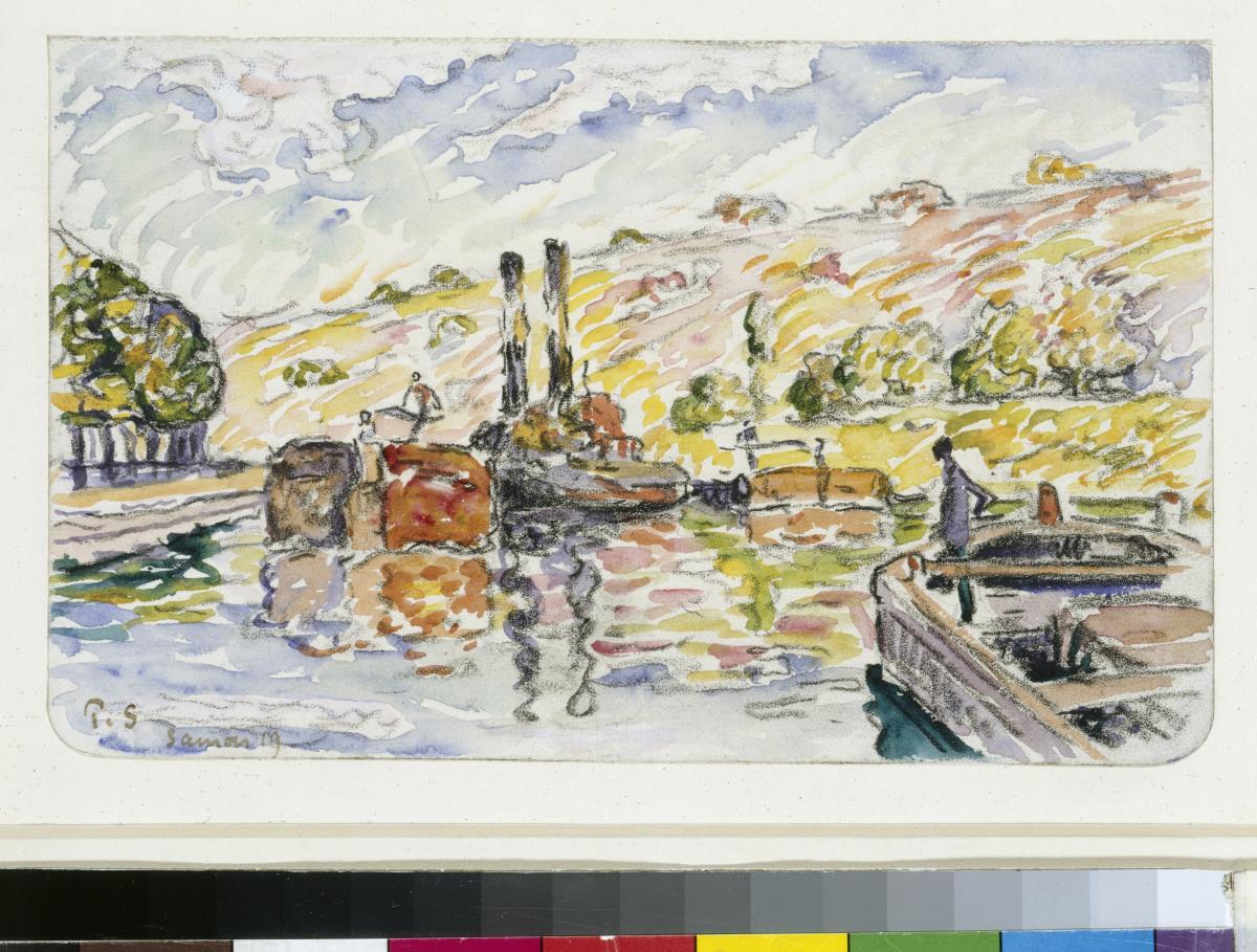 Flusslandschaft mit Schleppern und Kähnen
