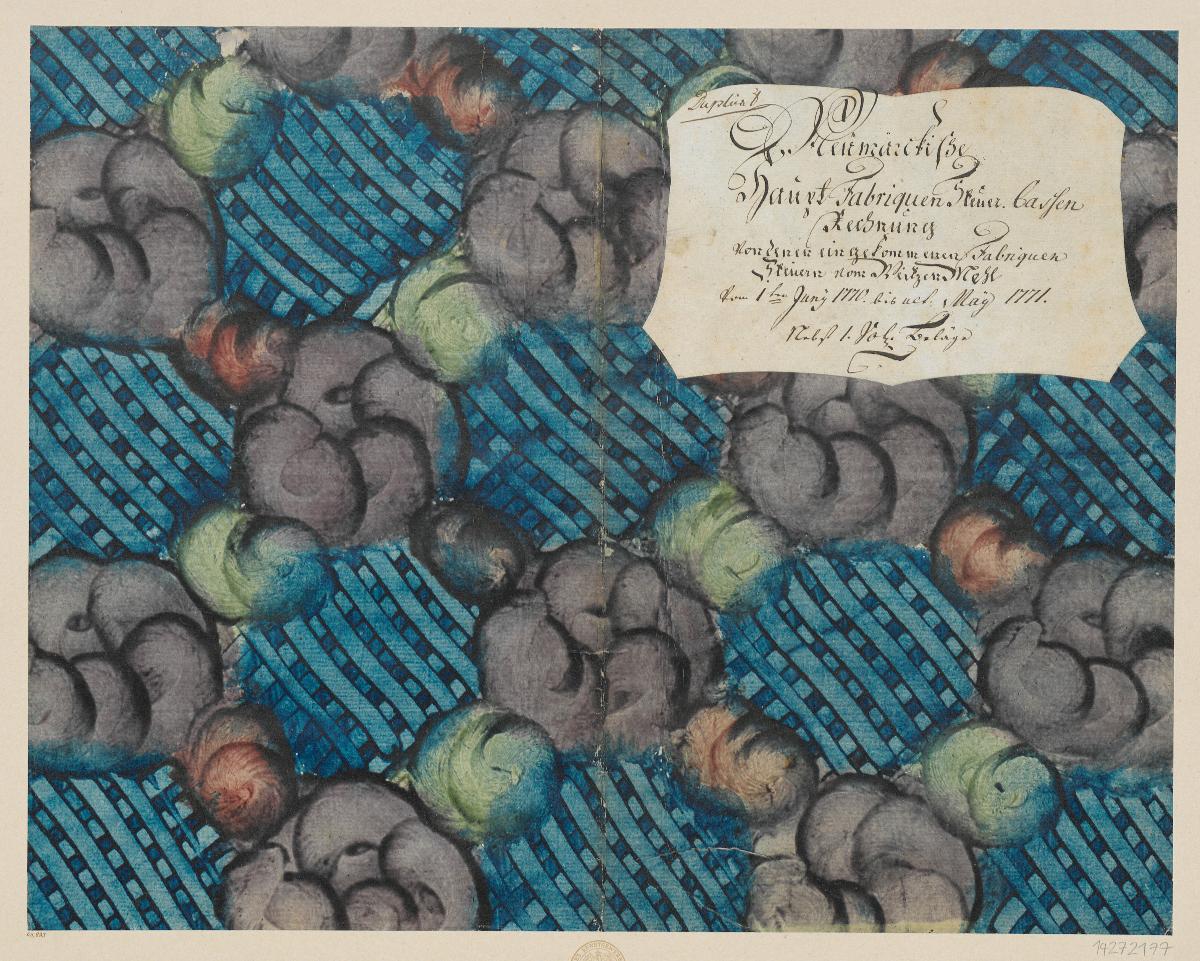 Kleisterpapier mit Verdrängungsdekor (Einband für eine Akte mit Etikett, 1770/1771)
