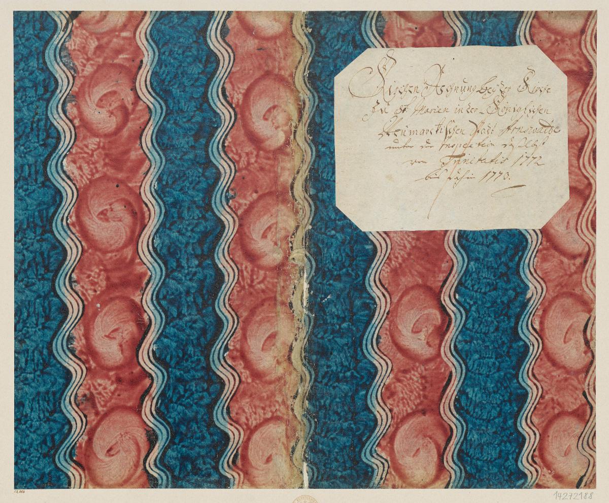 Kleisterpapier mit Verdrängungsdekor (Einband für eine Akte mit Etikett, 1772/1773)