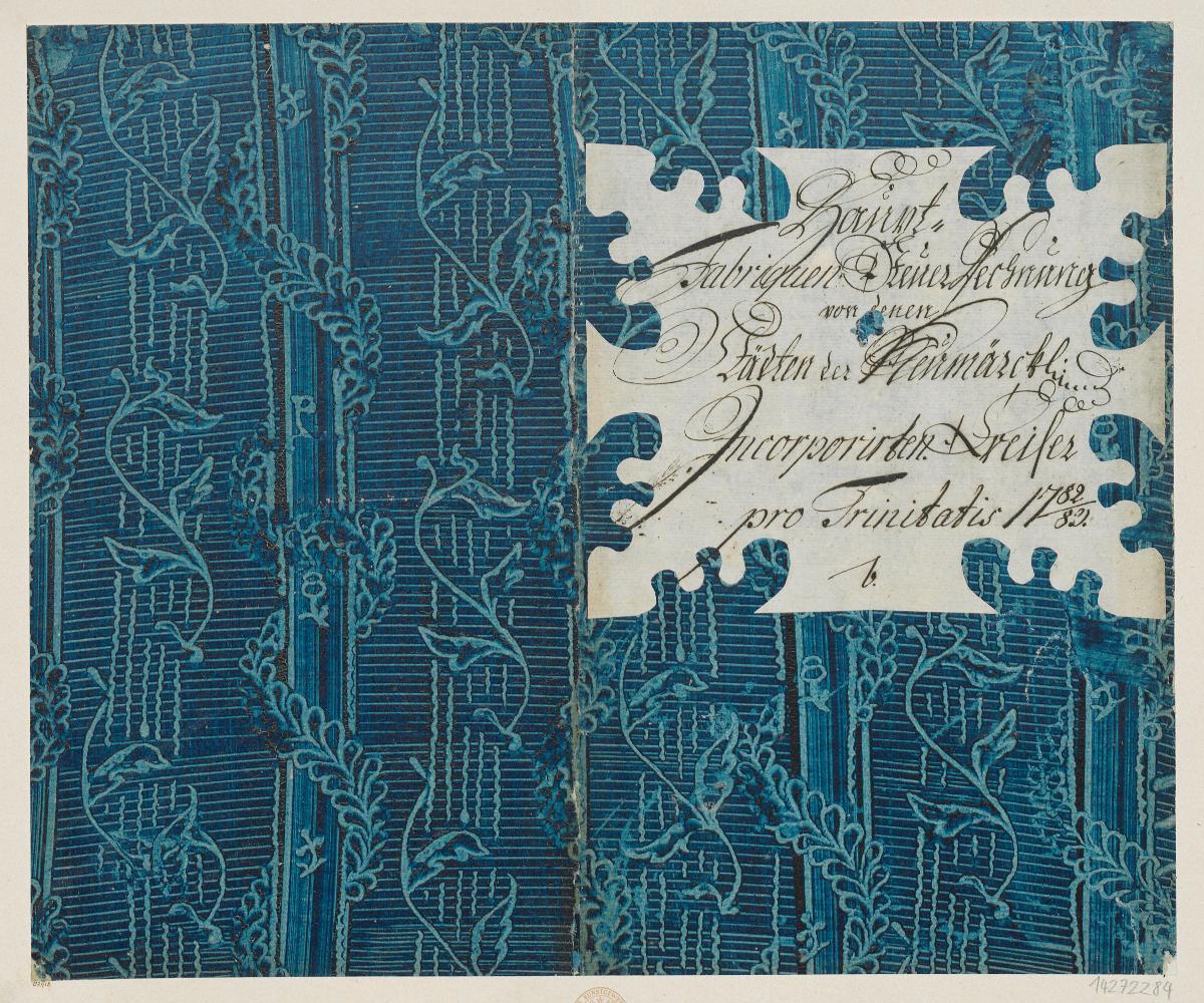 Kleisterpapier mit Verdrängungsdekor (Einband für eine Akte mit Etikett, 1782/1783)