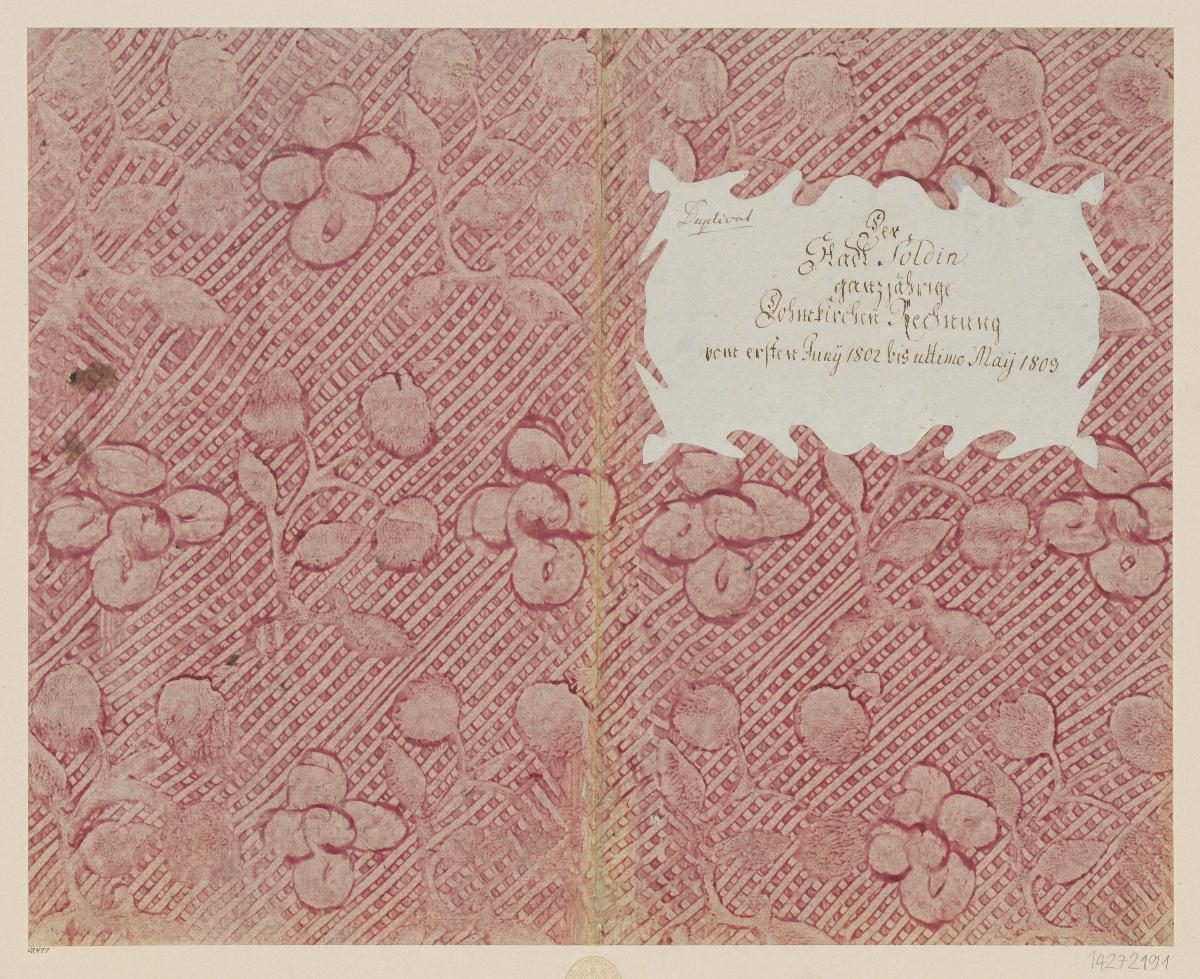 Kleisterpapier mit Verdrängungsdekor (Einband für eine Akte mit Etikett, 1802/1803)