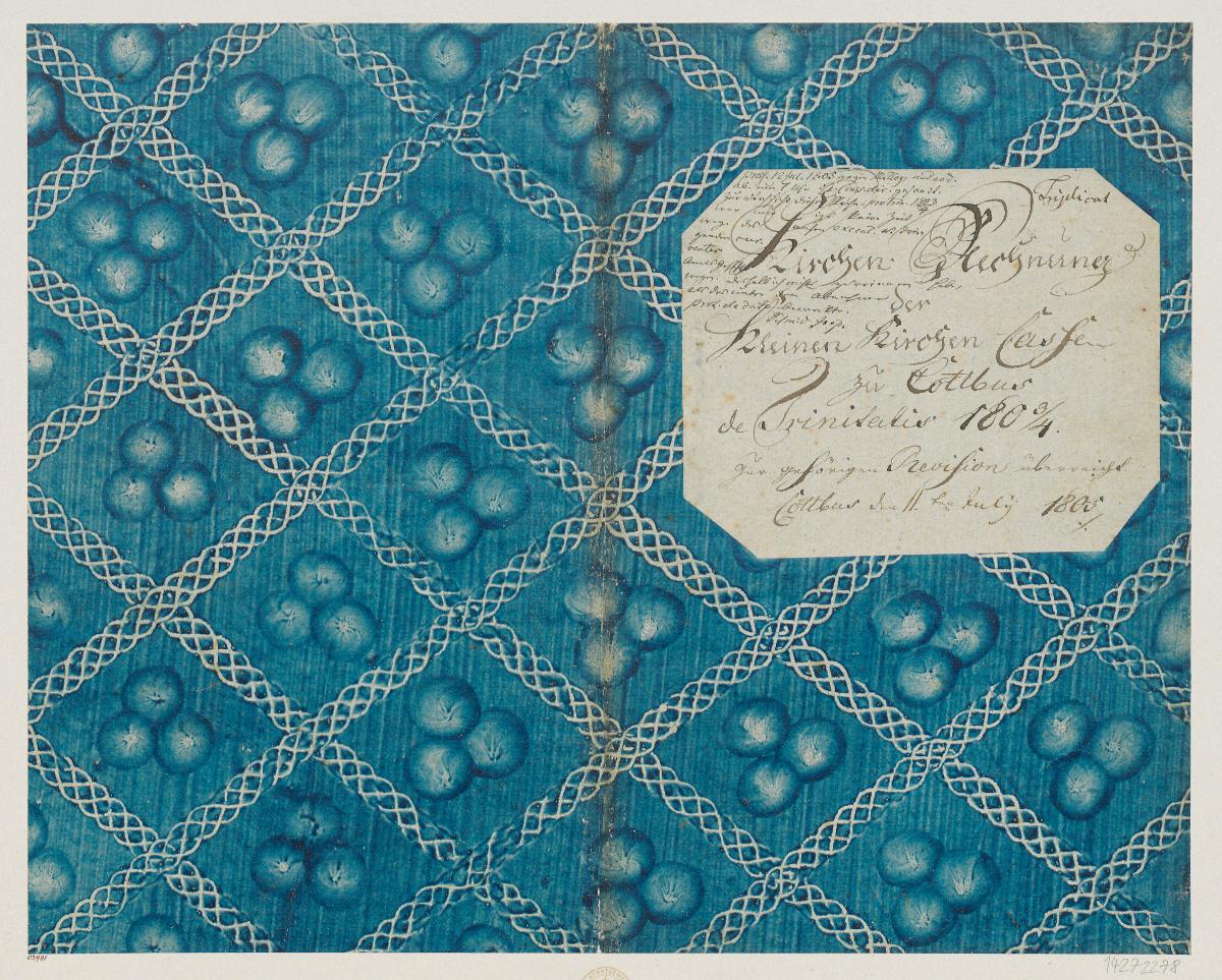 Kleisterpapier mit Verdrängungsdekor (Einband für eine Akte mit Etikett, 1803/1804)