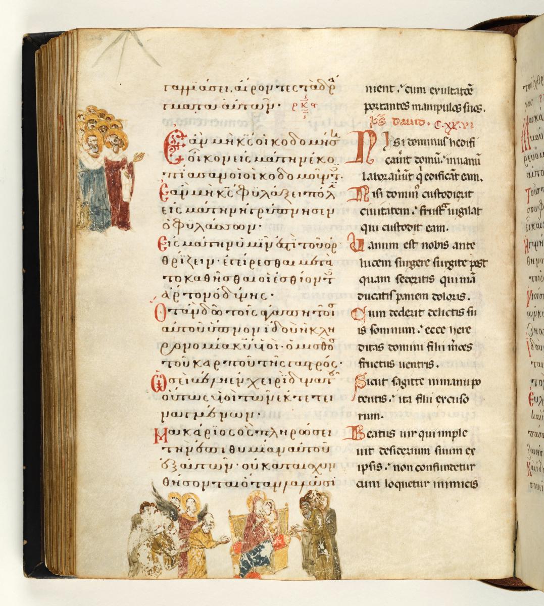 Psalterium und Breviarum graeco-latinum: Textseite mit Randzeichnung: Mehrere Heilige. Die thronende Maria zwischen anbetenden Mönchen