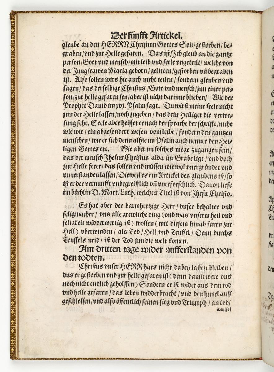 Kapitel "Der fünfft Artickel.", aus: "Das Symbolum oder gemeine Bekentnis der zwelff Aposteln [...]" (Apostelmartyrien), Wittenberg 1539