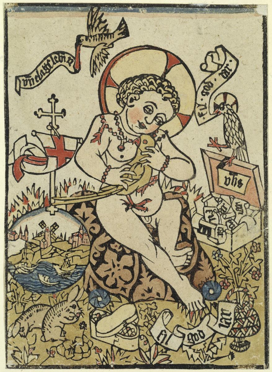 Das Jesuskind mit einem Vogel und Neujahrswunsch