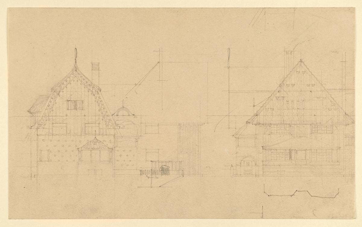 Darmstadt, Dreihäusergruppe, Skizzenblatt mit Aufriss der Westfassaden und dem Aufriss der Südfassade des Eckhauses sowie einige Details