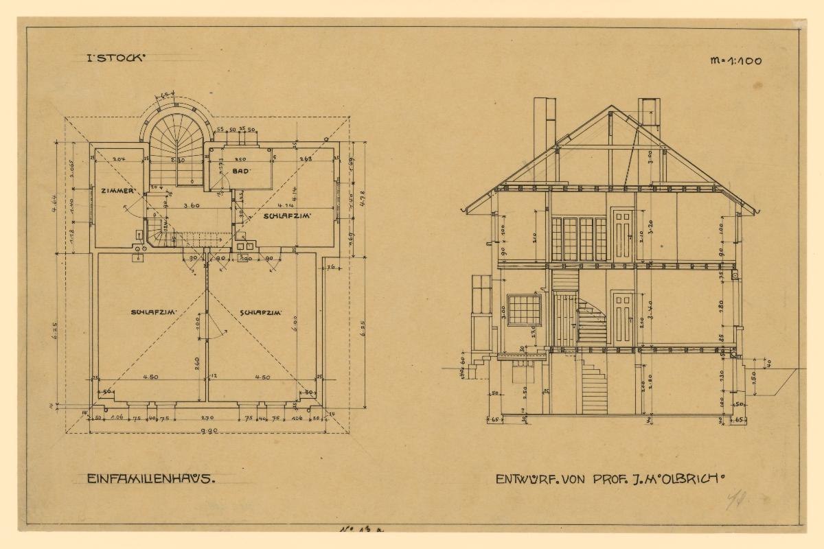 Darmstadt, Projekt dreier Hausentwürfe für die Gartenvorstadt am Hohlen Weg, zweigeschossiges Haus, Grundriss des Obergeschosses und Schnitt