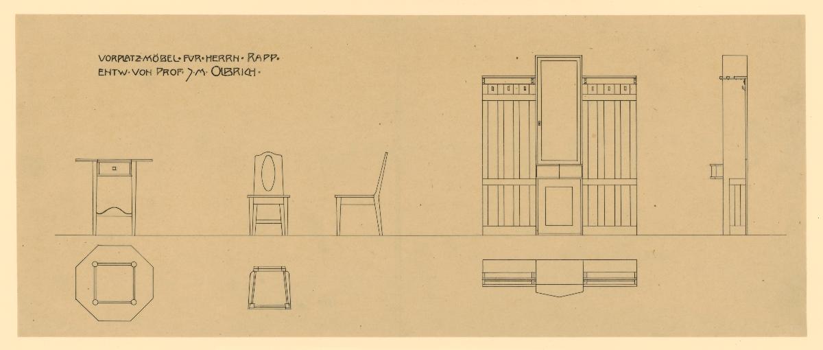 Darmstadt, Zimmer für K. Rapp, Vorraum, Aufrisse, Grundrisse und Seitenansichten von Stuhl und Kleiderablage sowie Aufriss und Grundriss des Tischchens