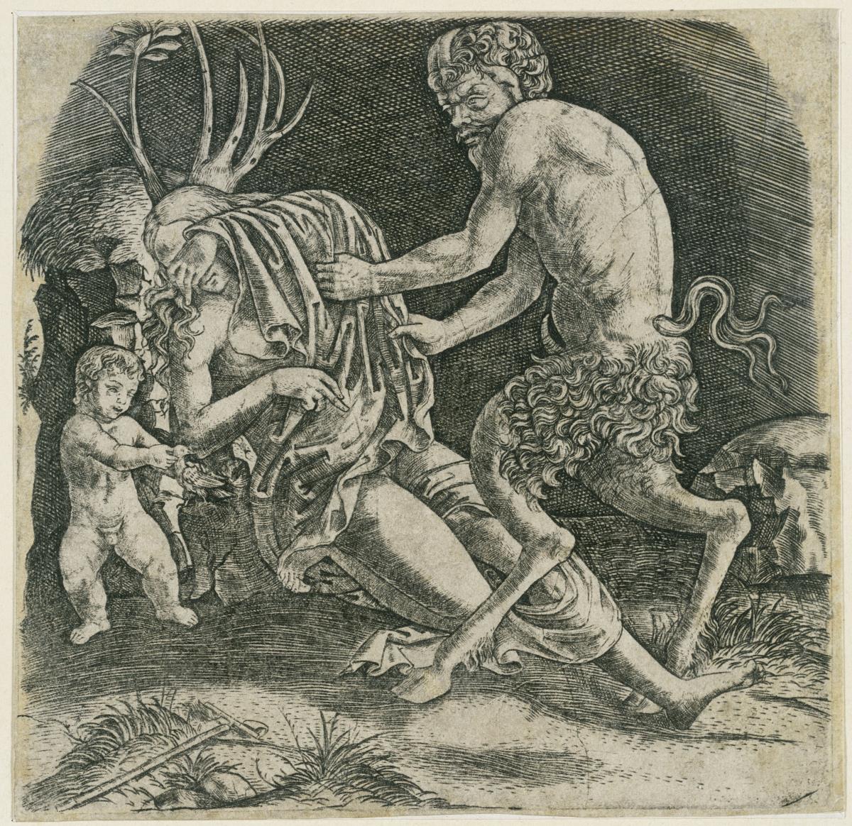 Satyr entdeckt schlafende Nymphe und zieht das Tuch weg, mit dem sie zugedeckt ist