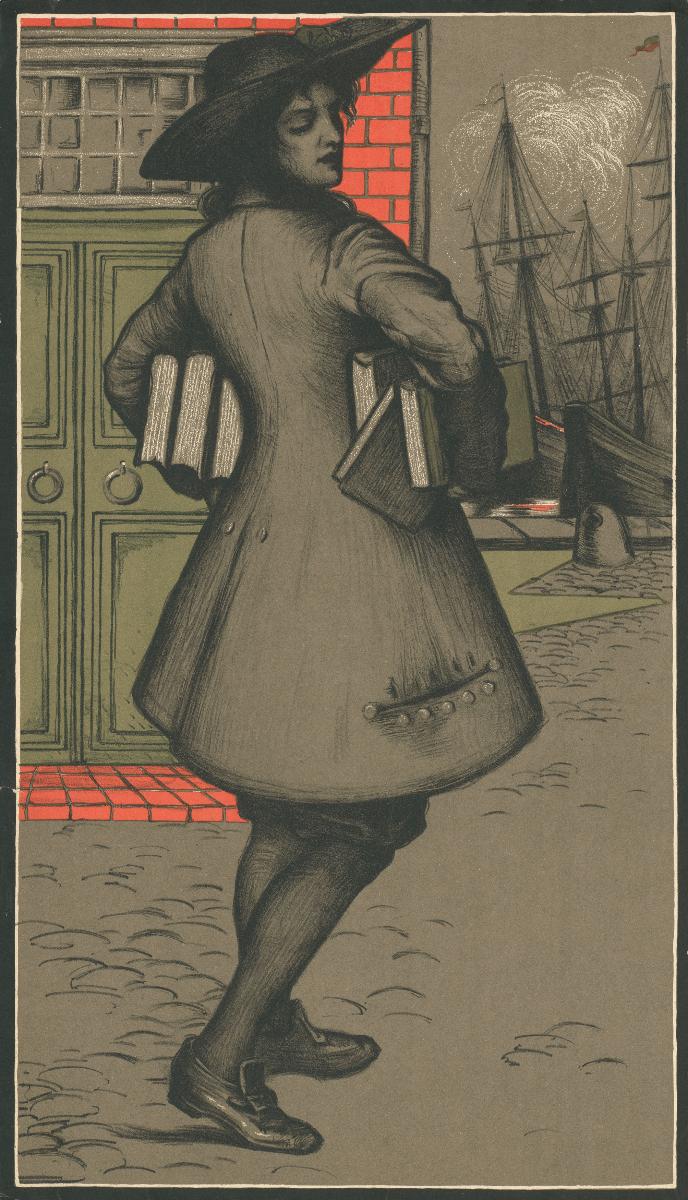 Jüngling mit Büchern unter dem Arm vor Hafen