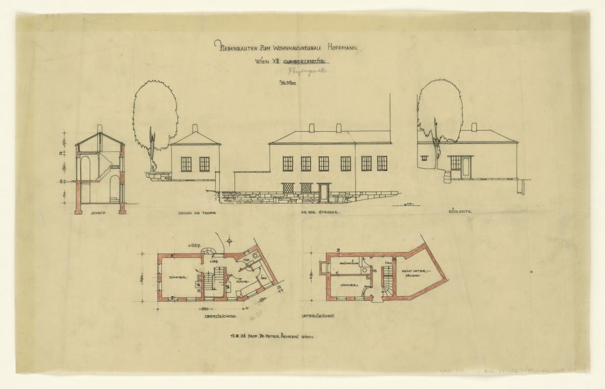 Wohnhaus Alexander Hoffmann, Wien, Nebenbauten, Ansichten, Schnitt, Grundrisse