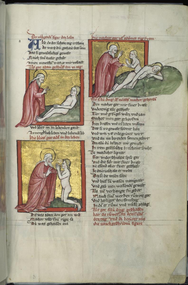 Toggenburg-Bibel. Die Schöpfungsgeschichte. Die Erschaffung Adams, Gott haucht Adam Leben ein, Gott zieht Eva aus der Seite des schlafenden Adam