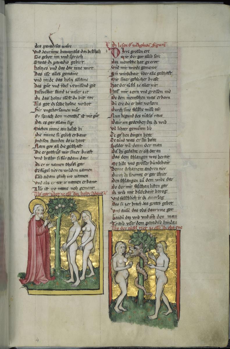Toggenburg-Bibel. Die Schöpfungsgeschichte. Gott verbietet Adam und Eva den Baum der Erkenntnis. Der Sündenfall