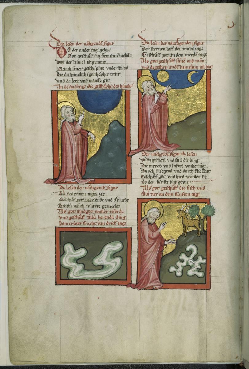 Toggenburg-Bibel. Die Schöpfungsgeschichte. Die Erschaffung des Himmels, die Scheidung von Wasser und Erde, Erschaffung von Sonne, Mond und Sternen sowie die Erschaffung der Bäume, Pflanzen und aller Kreatur