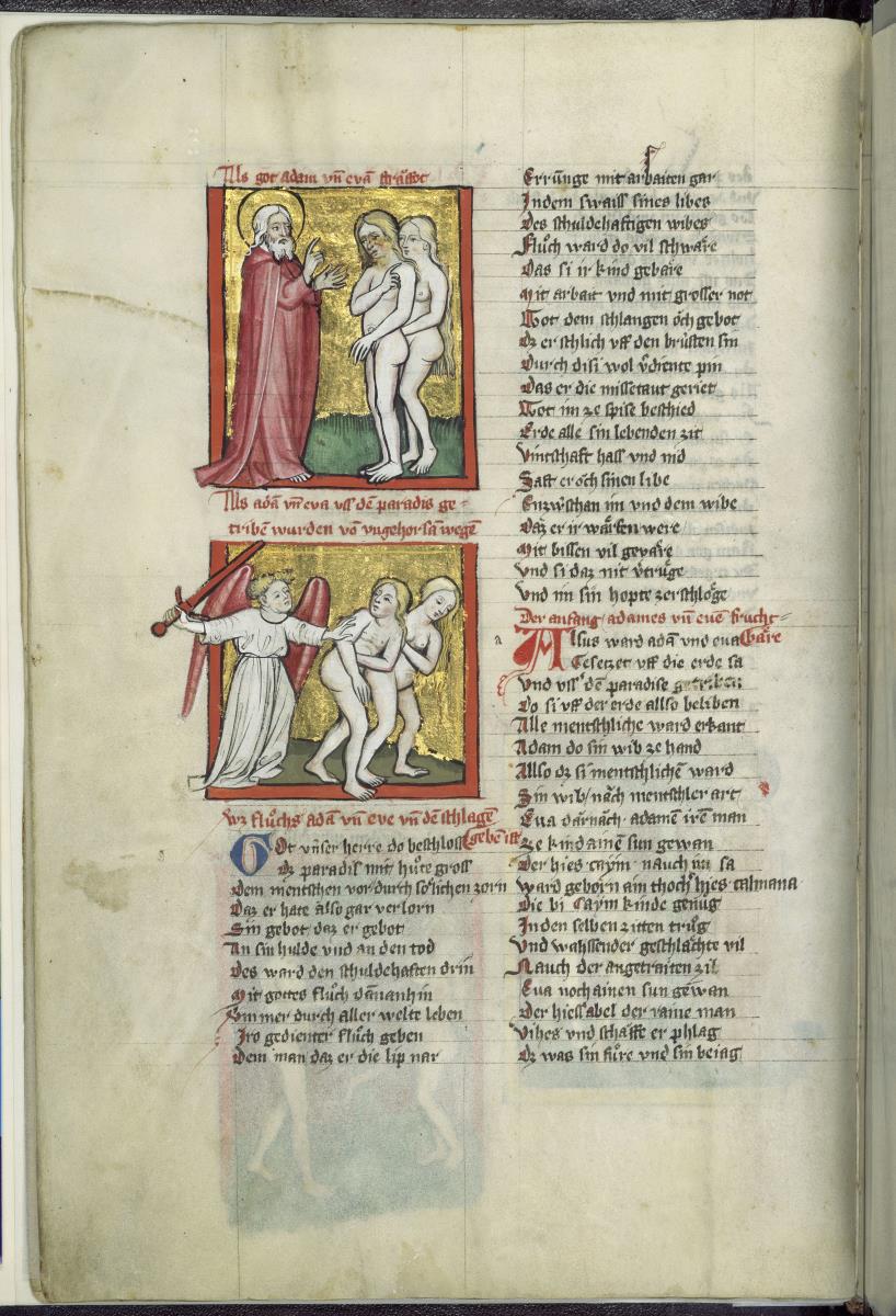 Toggenburg-Bibel. Die Schöpfungsgeschichte. Gott fragt Adam und Eva nach dem Sündenfall. Vertreibung aus dem Paradies