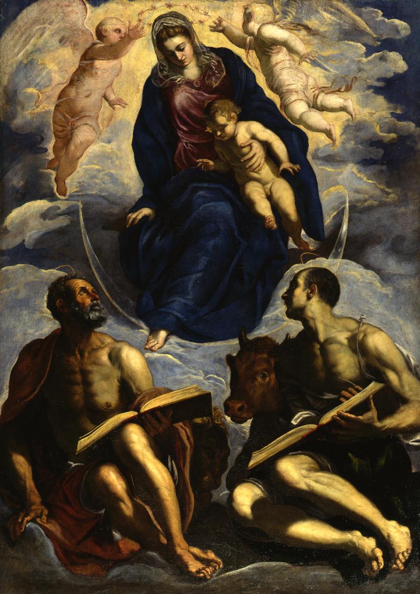 Maria mit dem Kind, von den Evangelisten Markus und Lukas verehrt