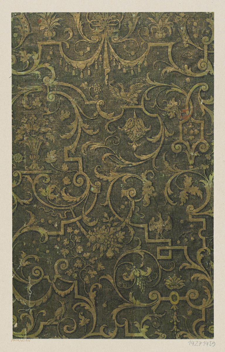 Buntpapier in Kupferstichtechnik (reiches, ornamentales Bandelwerk mit Grotesken)