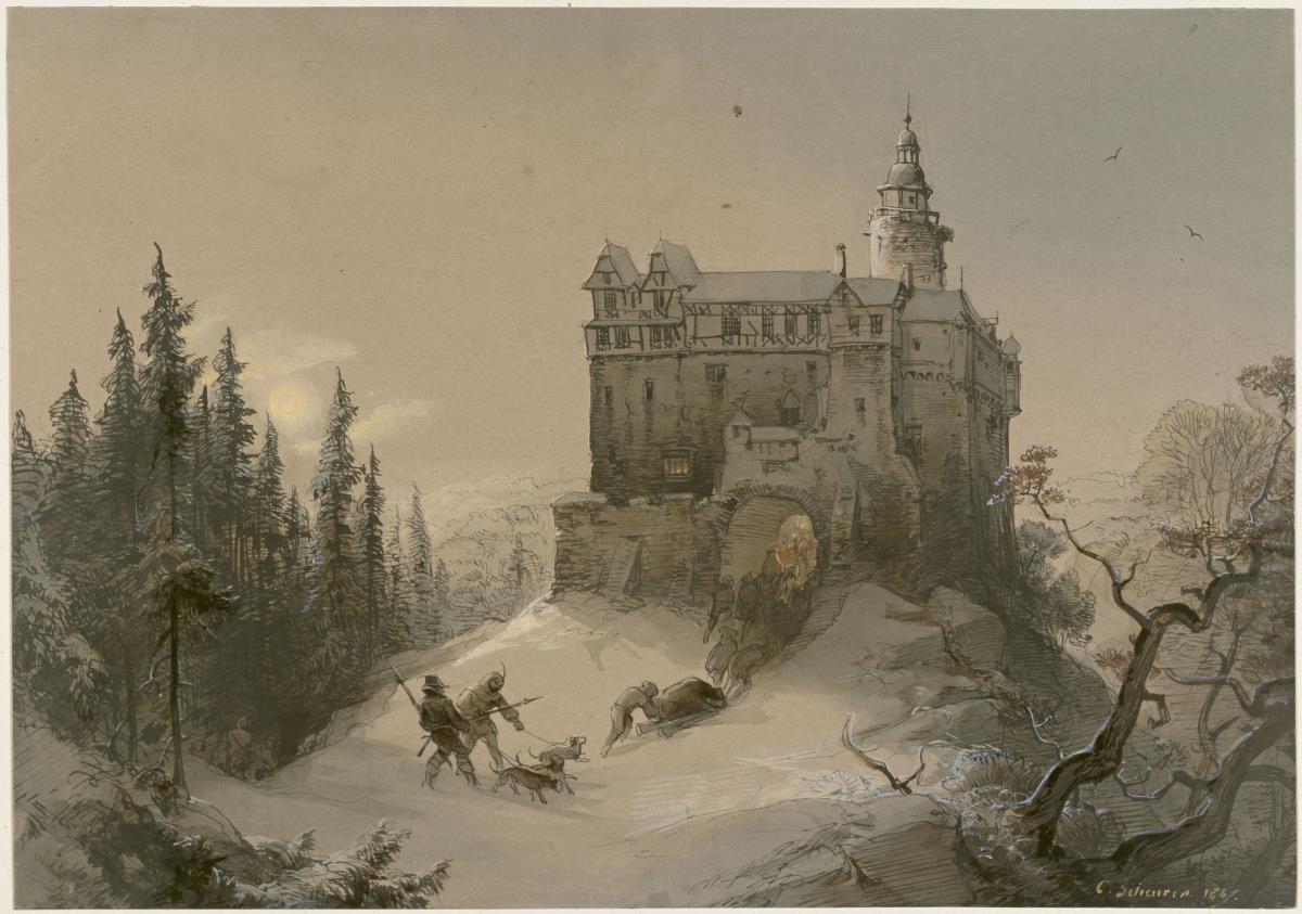 Heimkehr von der Jagd (Mittelalterliche Burg bei Mondschein mit figürlicher Staffage)