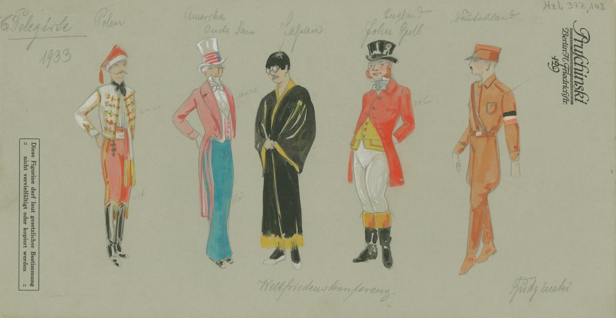 Revuekostüme für die Schaefers Gruppe, 6 Delegierte Weltfriedenskonferenz: Polen, Amerika, Japan, England, Deutschland (SA Uniform)