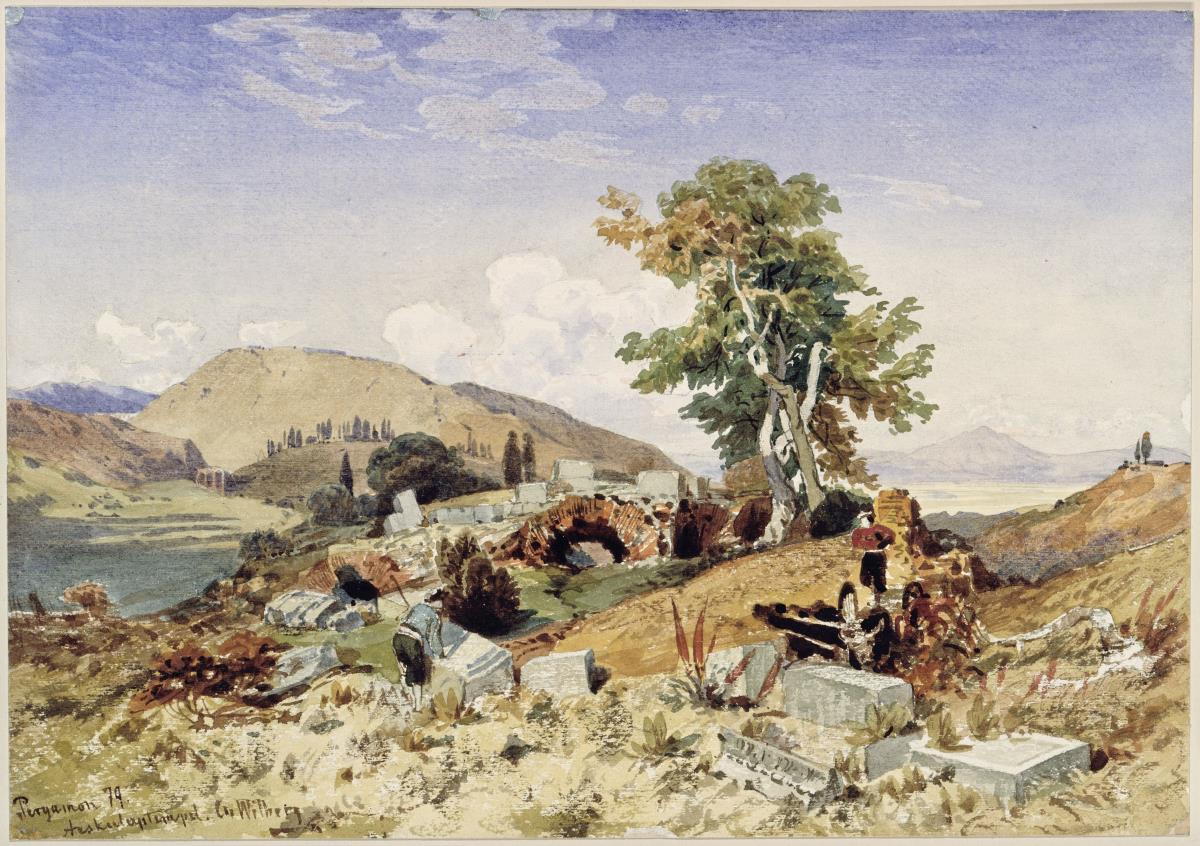 Der Burgberg von Pergamon zu Beginn der Ausgrabungen: Landschaft mit den Ruinen des Aeskulaptempels