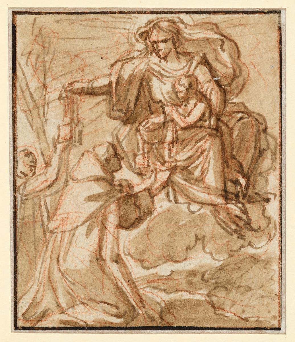 Die Madonna mit dem Kind auf Wolken erscheint dem heiligen Franz, Vorzeichnung für eine Illustration zu einem Andachtsbuch