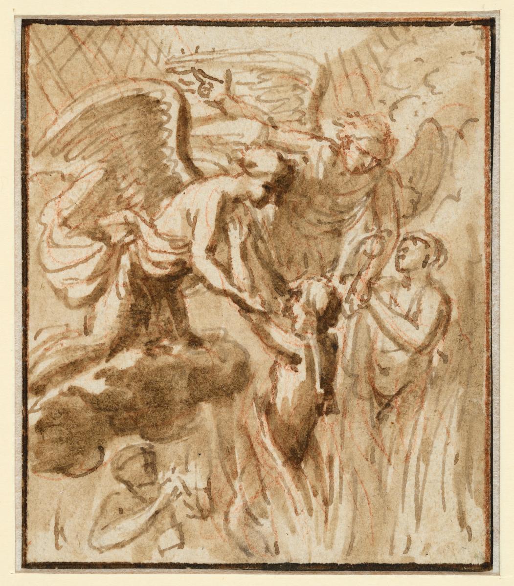 Engel holen Seelen aus dem Fegefeuer, darüber das Christusmonogramm, Vorzeichnung für eine Illustration zu einem Andachtsbuch