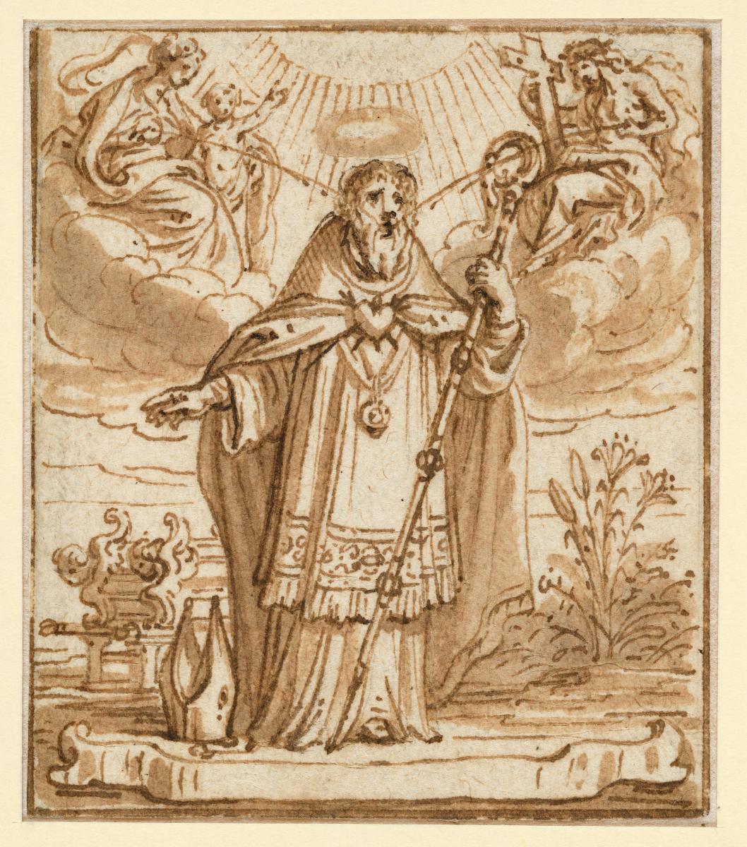 Der heilige Augustinus, links oben die Madonna, rechts oben Christus, Vorzeichnung für eine Illustration zu einem Andachtsbuch