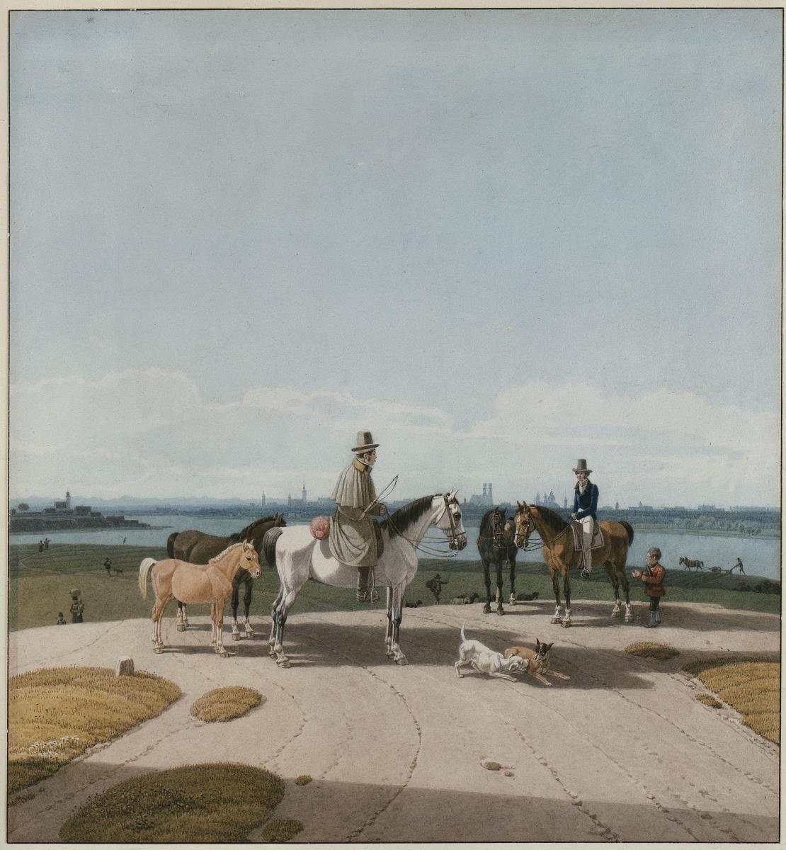 Reiter am Ufer der Isar mit Blick von Priel auf München