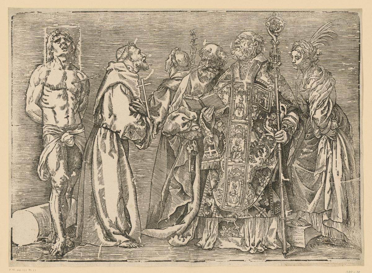 Die Heiligen Sebastian mit dem Pfeil in der Brust, Franziskus mit dem Kreuz, Antonius mit der Lilie, Petrus mit dem Schlüssel, Nicolaus von Myra mit dem Buch und dem Krummstab und Katharina mit dem Palmzweig