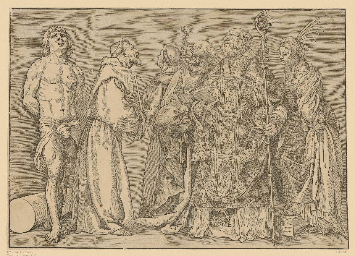 Die Heiligen Sebastian mit dem Pfeil in der Brust, Franziskus mit dem Kreuz, Antonius mit der Lilie, Petrus mit dem Schlüssel, Nicolaus von Myra mit dem Buch und dem Krummstab und Katharina mit dem Palmzweig