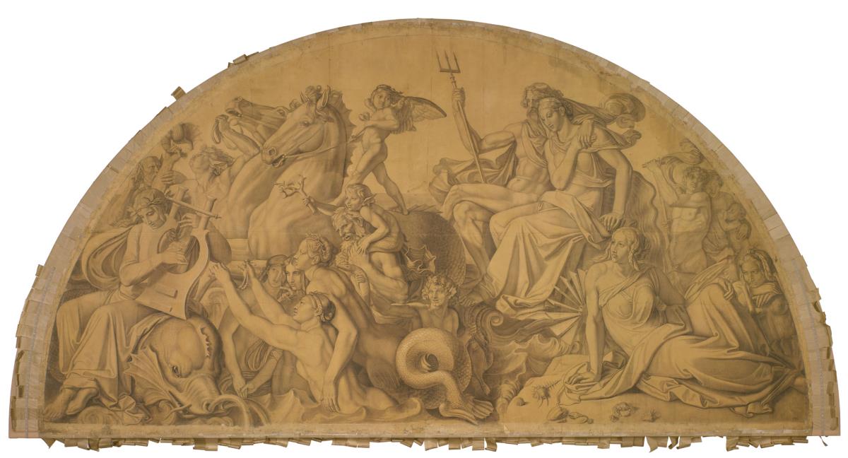 Die Wasserwelt lauscht dem Leierspiel des Arion, Bogenfeld. Karton zu den Deckenbildern der Münchner Glyptothek